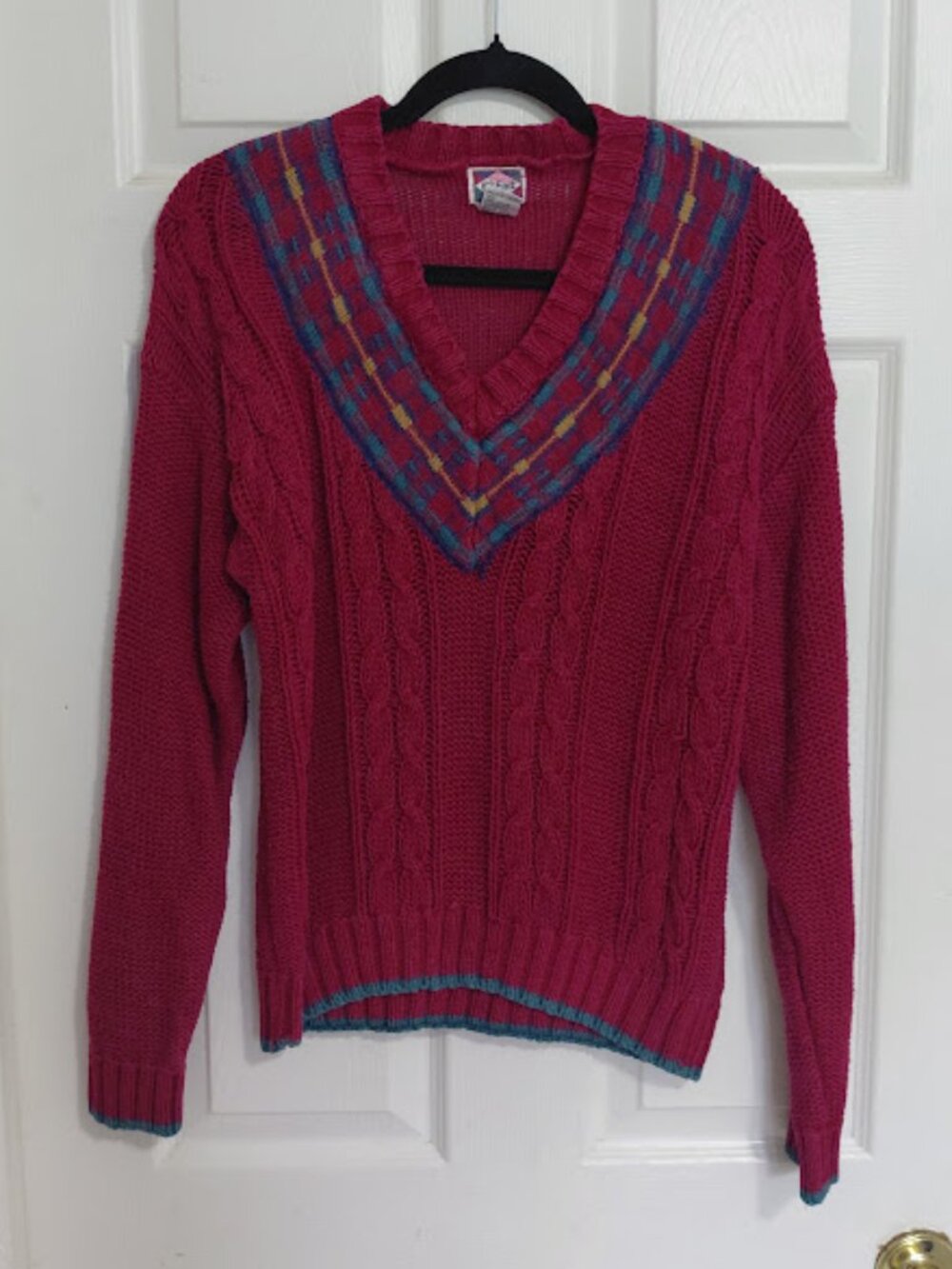 Vintage 90's 62 East Red Multicolor Collegiate V-Neck Cable-Knit Varsity Sweater